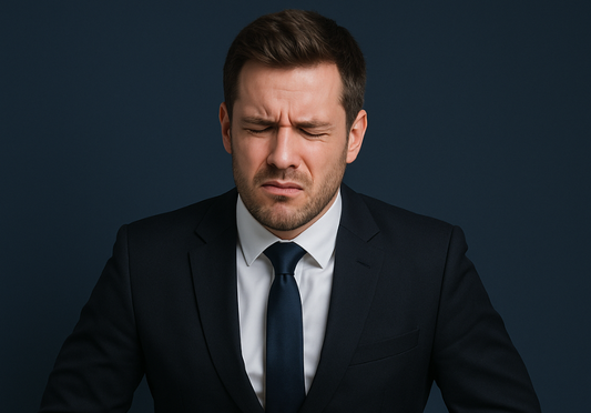 ネイビー背景で腹部に手を当てて不快感を示す西欧人男性のビジネスシーン