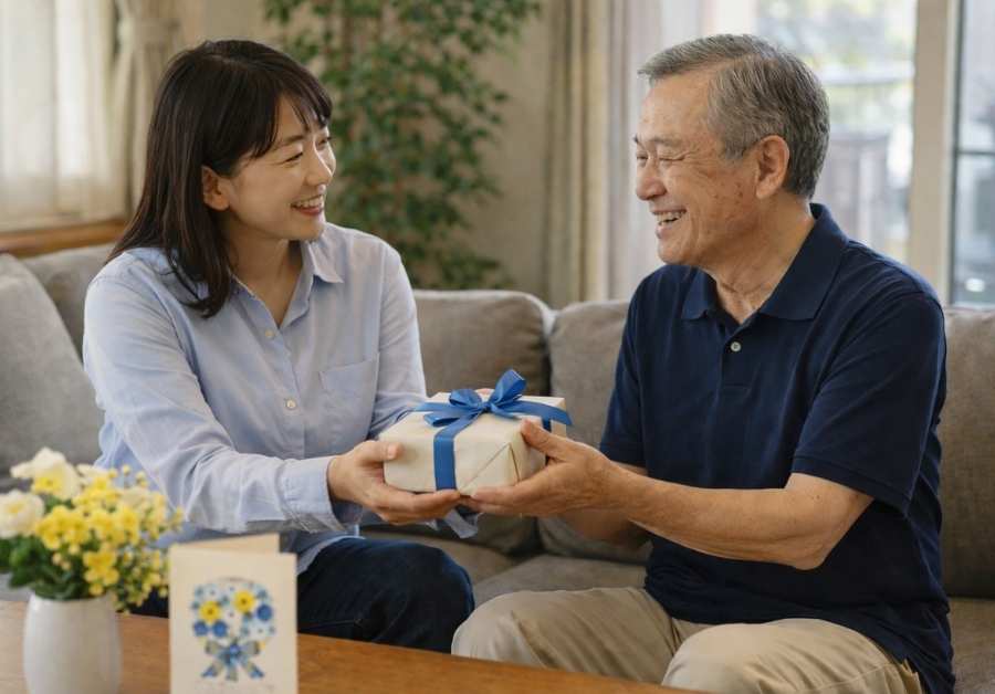 30〜40代の娘が60〜70代の父親に父の日のギフトを渡し家族の愛と健康への配慮を示している様子