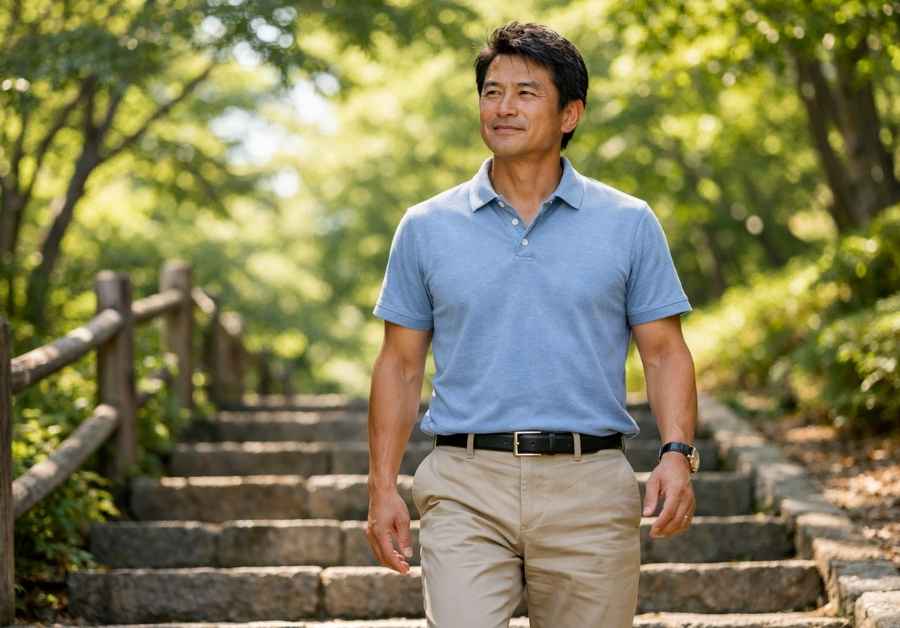 晴れた日に公園の石段を自信を持って歩く50代前半の日本人男性