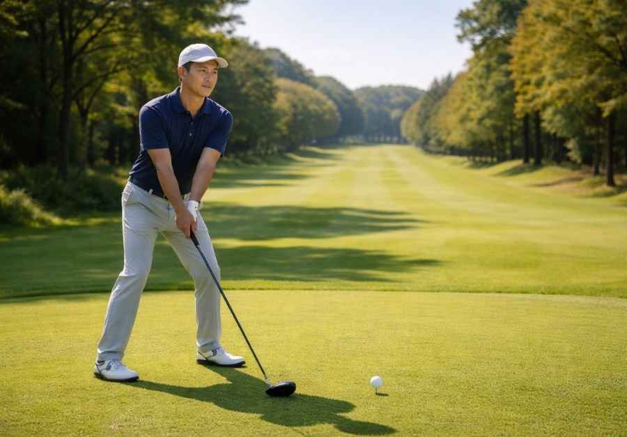 ゴルフ場のティーグラウンドで自信を持ってドライバーを構える50代男性。尿漏れの不安を克服しプレーに集中するイメージ。