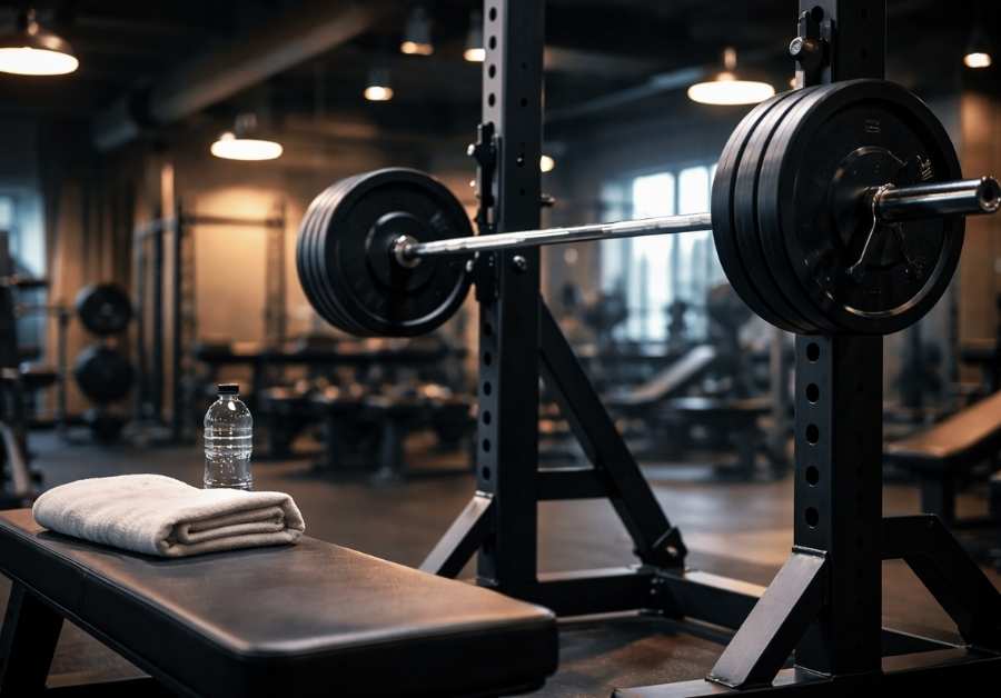 スクワットラックにセットされたバーベルとジムの内観。筋トレ中の尿漏れ対策を解説するイメージ。