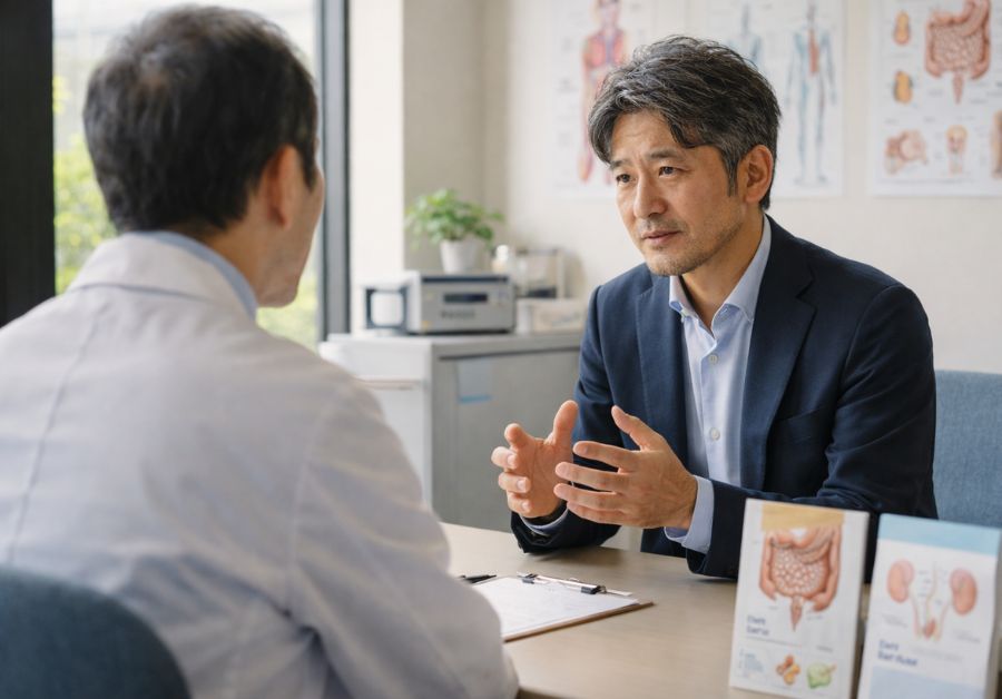 40代後半から50代前半の男性が医師と真剣に健康について相談し積極的に対策を取る様子