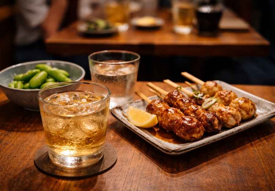居酒屋のテーブルに並ぶ焼酎水割り、枝豆、焼き鳥。IBSに配慮した飲み会の賢い選択のイメージ。