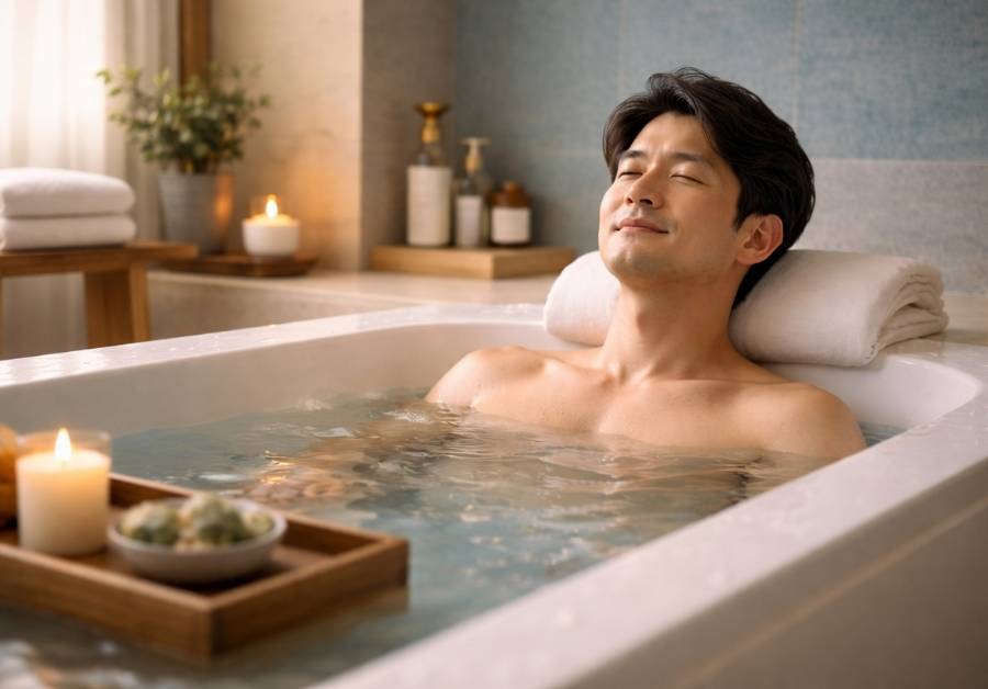 湯気の立つ清潔な浴室でぬるめのお湯に浸かりリラックスする中年男性