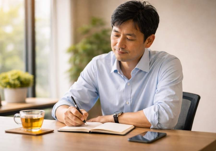 デスクでノートに記録をする男性。IBSの思考パターンを見える化する「思考-腸ダイアリー」のイメージ。