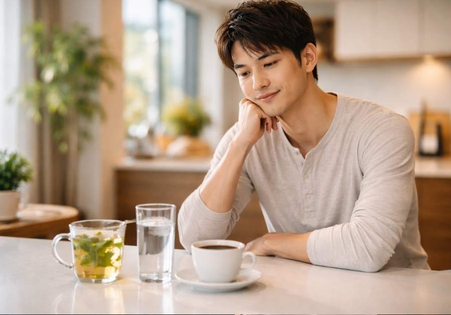 キッチンカウンターでペパーミントティーとコーヒーを前に選ぶ30代半ばの日本人男性