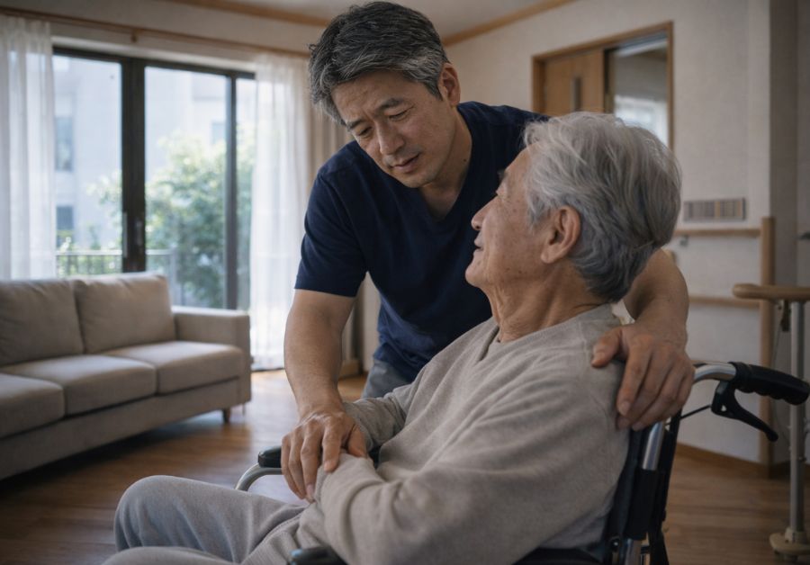 50代前半から半ばの男性が車椅子の高齢の親を介護し献身と疲労を持って向き合う様子