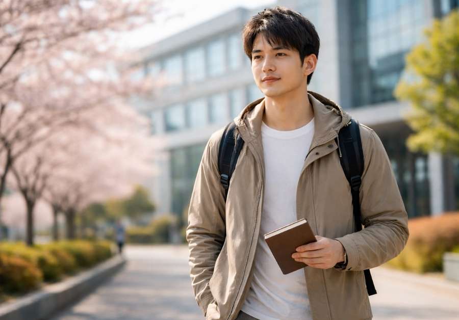 晴れた朝に大学の建物に向かって歩く20代後半の日本人男性