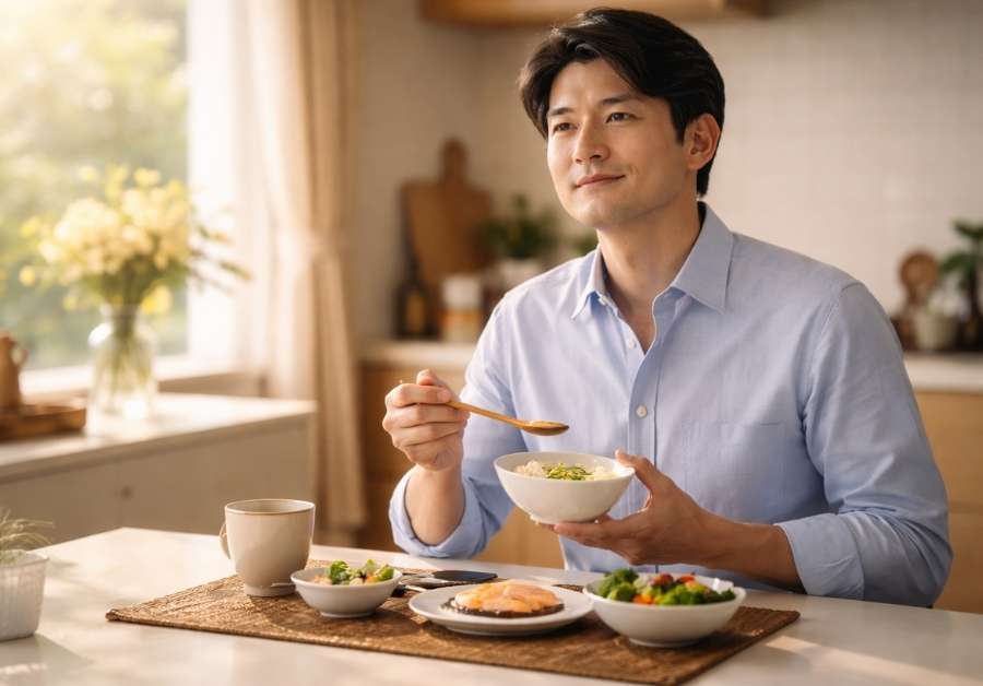 朝のキッチンで少量の食事を穏やかに楽しむ中年男性。IBS患者の安心できる食事風景のイメージ。