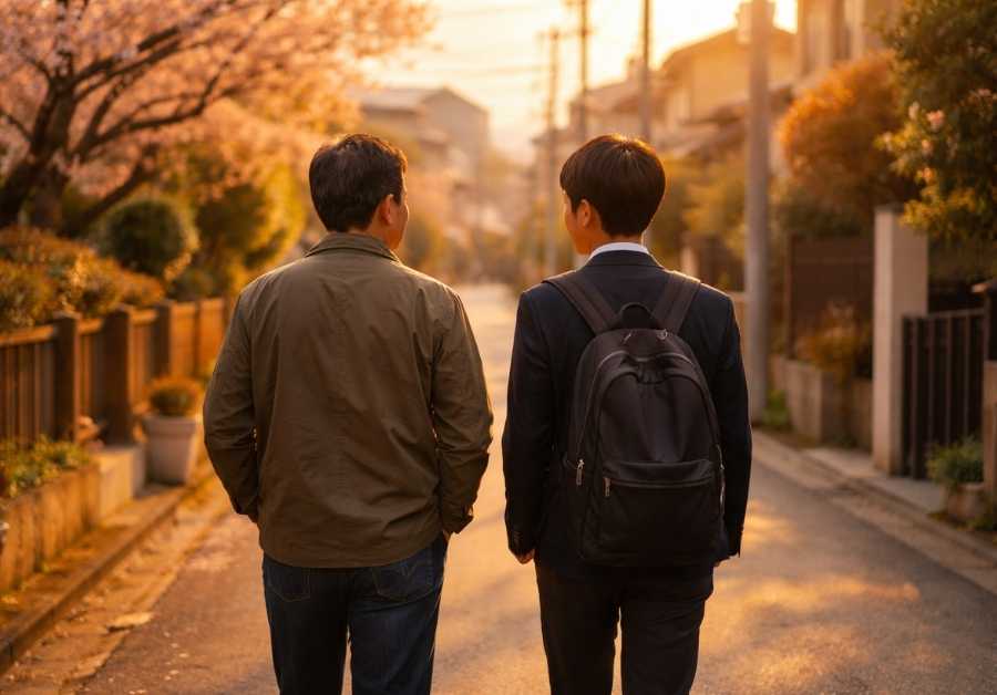 住宅街を並んで歩く父親と中学生の息子の後ろ姿。IBSの経験を共有しながら自然に寄り添うイメージ。