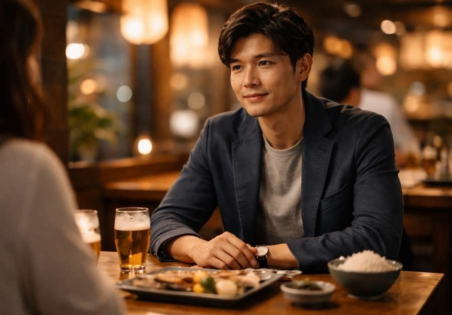 和食レストランでリラックスした表情の20代男性。IBSの不安を乗り越えデートを楽しむイメージ。