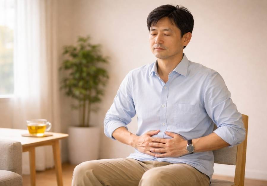椅子に座り前傾姿勢でお腹に手を当てる男性。IBS発作時の抗痙攣ポジションと呼吸法を実践するイメージ。