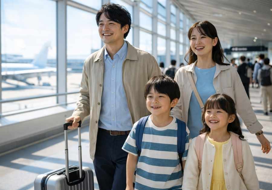空港ターミナルを家族4人で歩く40代の父親。IBSのフライト恐怖を克服し家族旅行へ出発するイメージ。