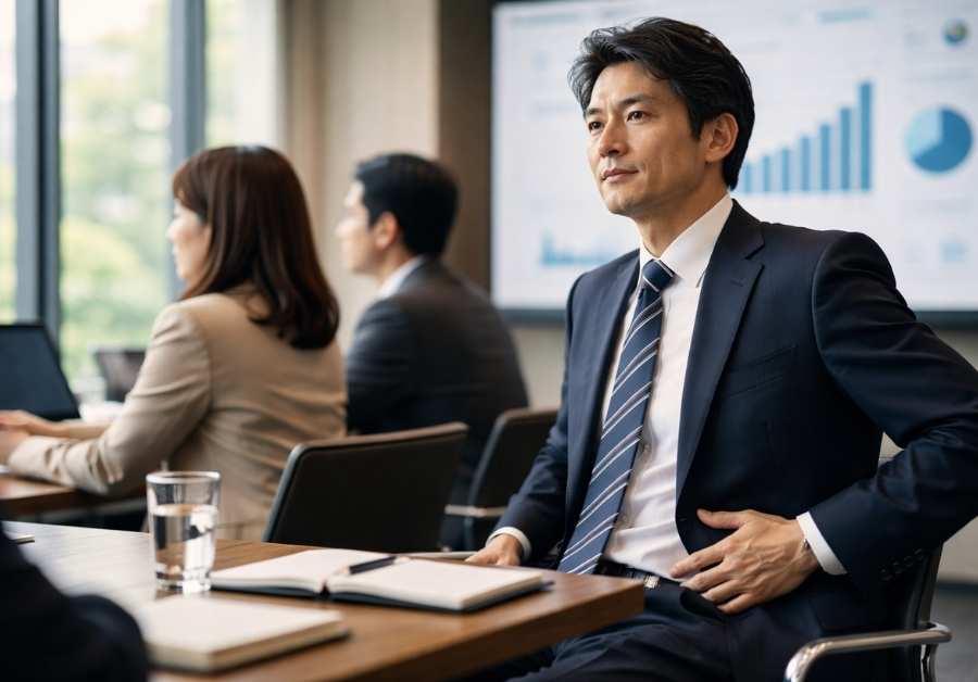 IBSのガス症状に悩みながら会議に参加する40代男性がさりげなくお腹を押さえている様子