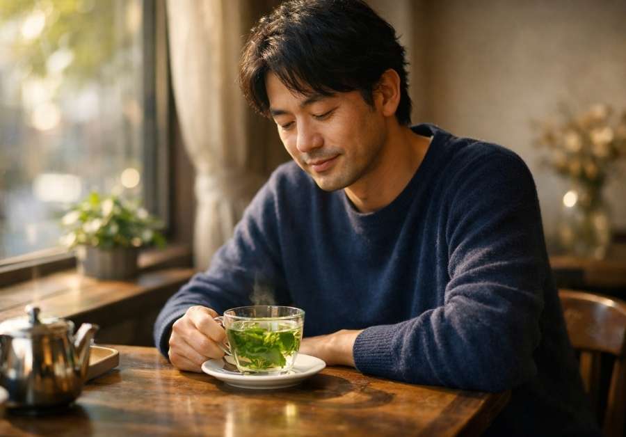 カフェの窓際でペパーミントティーを飲む40代前半の日本人男性