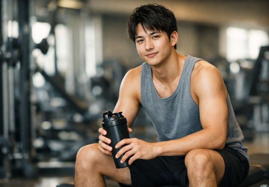 ジムのベンチでプロテインシェイカーを持つ30代前半の日本人男性