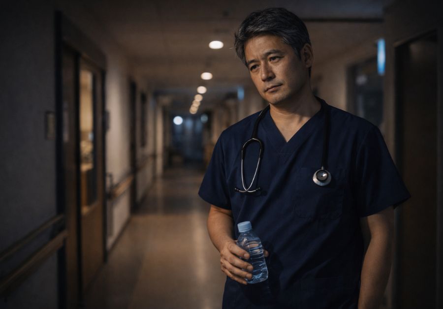 40代前半から半ばの看護師または介護士が夜勤中に決意と疲労を持って患者ケアに取り組む様子