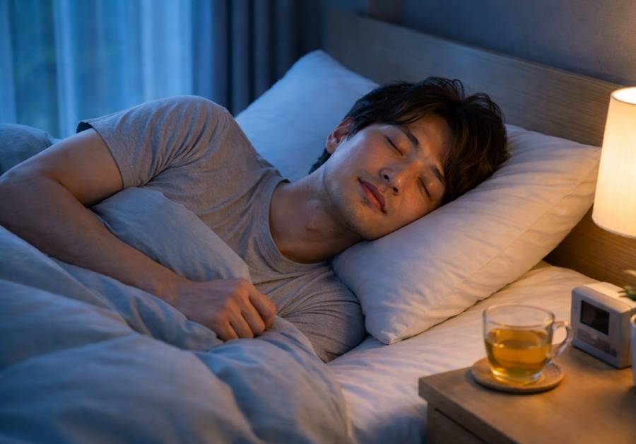 穏やかに眠る30代前半の男性。IBSの夜間症状を克服し安眠を取り戻したイメージ。