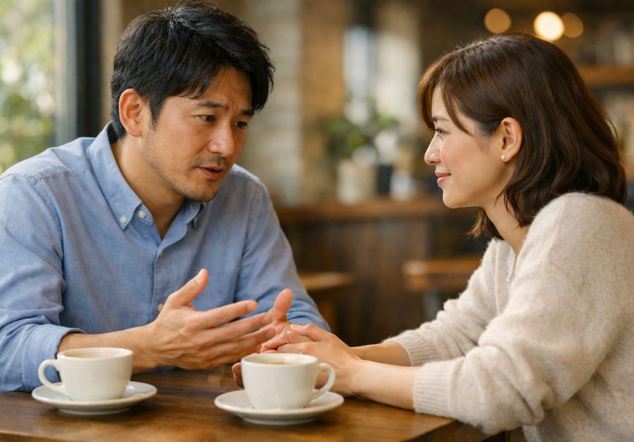 カフェで30代後半の男性がパートナーにIBSについて真摯に説明し理解を得る様子