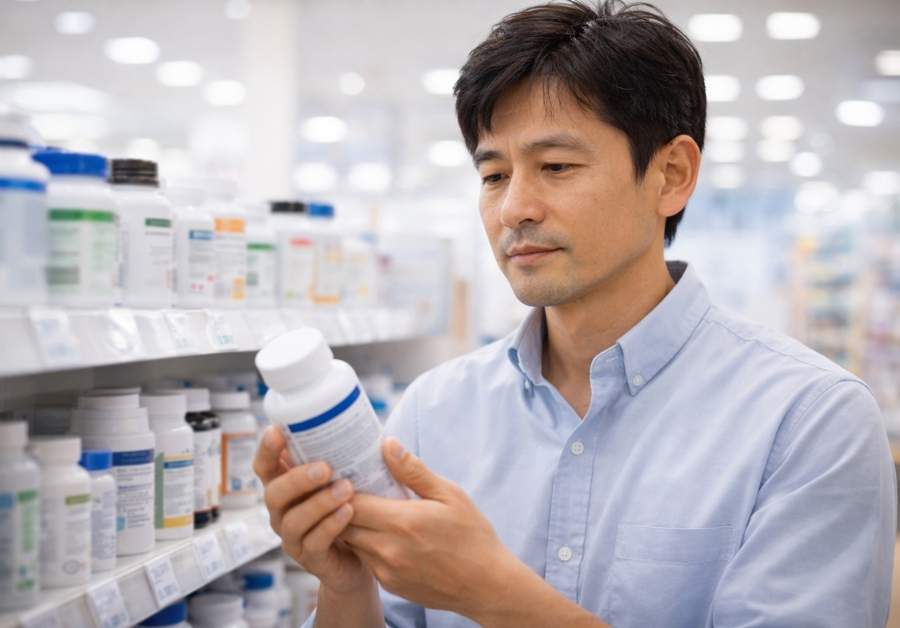 薬局でプロバイオティクスサプリメントのラベルを確認する男性。菌株番号を確認してエビデンスに基づいた選択をするイメージ。