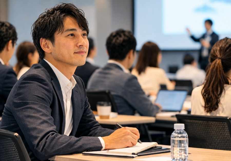 セミナー会場の通路側中段に座り集中する30代半ばのビジネスマン。IBSの不安を備えで克服したイメージ。