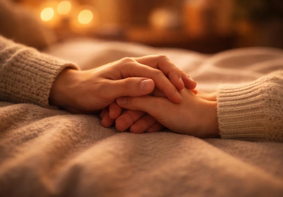 温かい照明の中で優しく手を取り合うカップルの手元。IBSがあっても安心してパートナーとの時間を過ごせるイメージ。