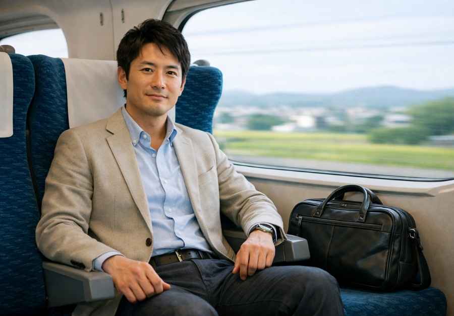 30代後半の男性が新幹線の窓側座席に落ち着いて座り準備万端で安心して旅行している様子