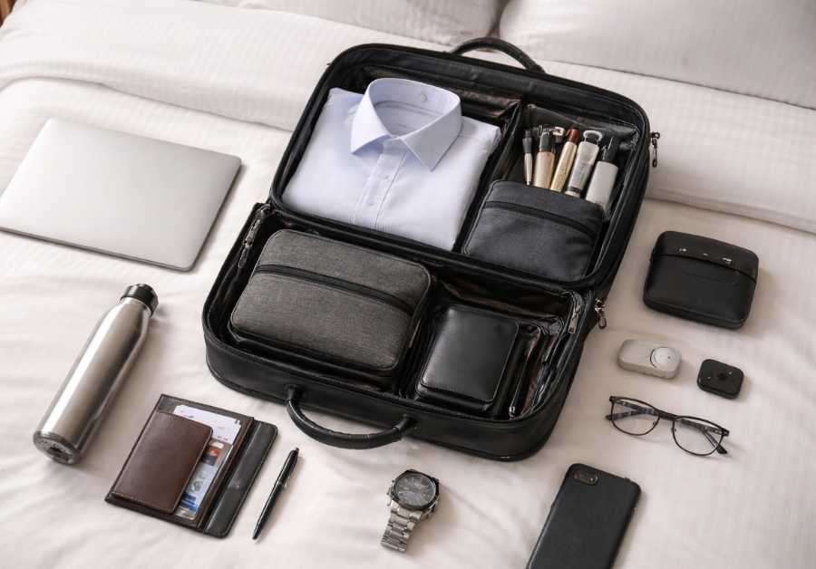 ホテルのベッドの上に整理された1泊2日の出張荷物。IBS対策ポーチを含むビジネス出張の持ち物。