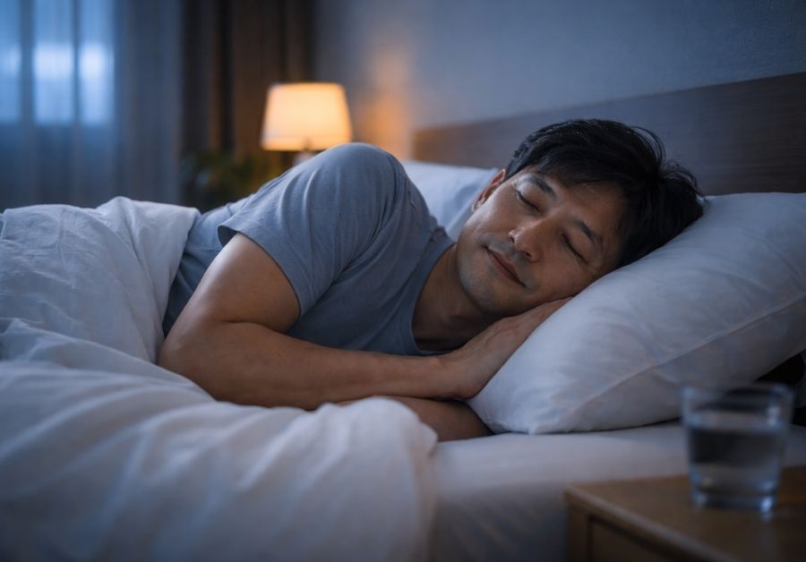 穏やかな寝室で横向きに眠る男性。質の高い睡眠が腸の回復を促すイメージ。