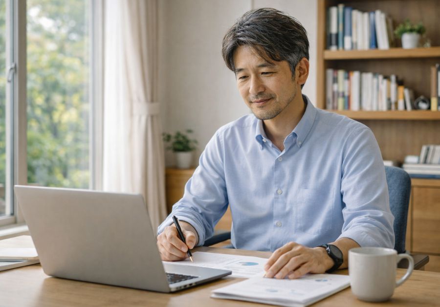 40代後半から50代前半の男性が自宅オフィスで自信を持って在宅勤務しキャリアを再開する様子