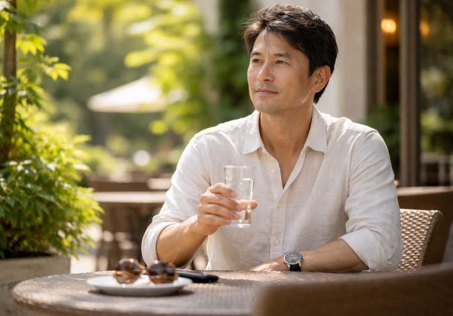 夏のカフェテラスで常温の水を持つ30代半ばの日本人男性