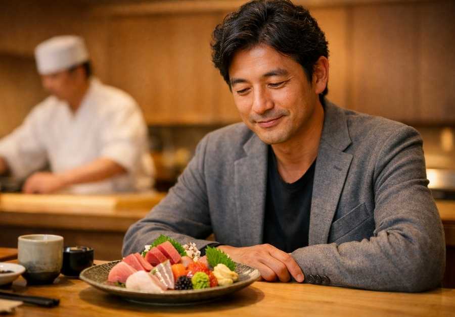 寿司カウンターで刺身盛りを前に穏やかに微笑む40代半ばの日本人男性