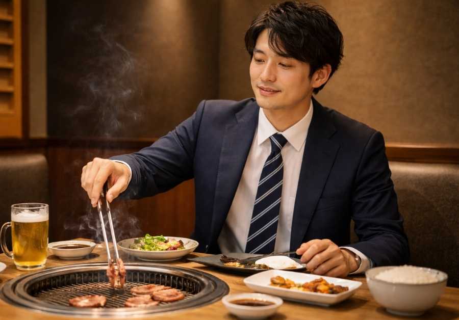 焼肉食べ放題で落ち着いて少量の肉を丁寧に焼く30代前半のビジネスマン。IBSでも食べ放題を楽しむイメージ。