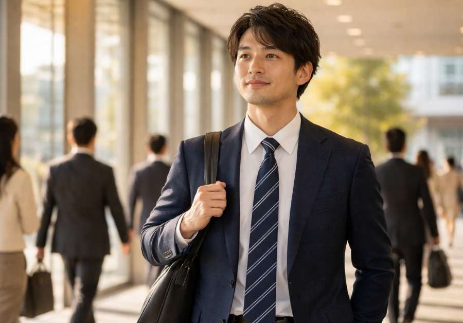 朝のオフィスビルのロビーを自信を持って歩く30代後半のビジネスマン。テレワークから出社回帰しIBSと向き合うイメージ。