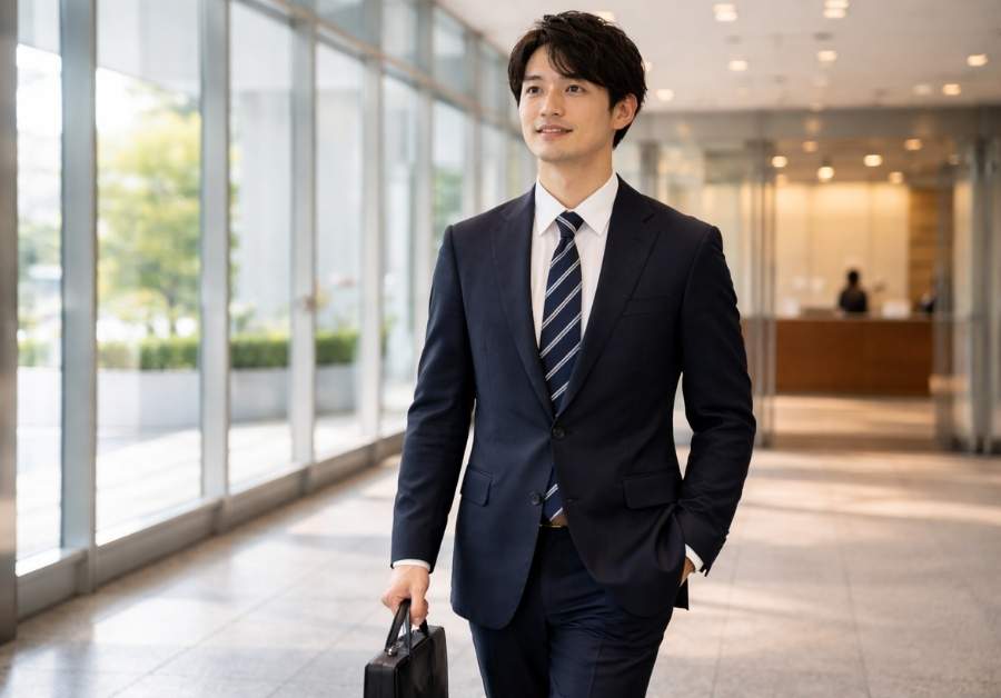 スーツを着て自信を持ってオフィスビルに入る30代半ばのビジネスマン。転職面接に臨むイメージ。