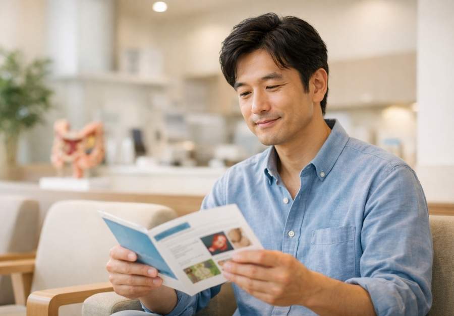消化器内科の待合室でパンフレットを読む40代前半の日本人男性