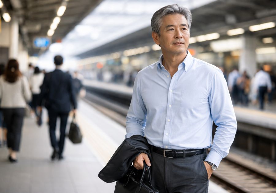 自信を持って駅に立つ日本人ビジネスマン - IBS通勤対策・緊急時の備えガイド