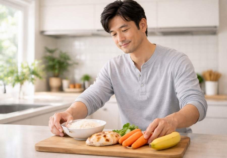 キッチンで低FODMAP食材を並べて献立を考える30代半ばの日本人男性