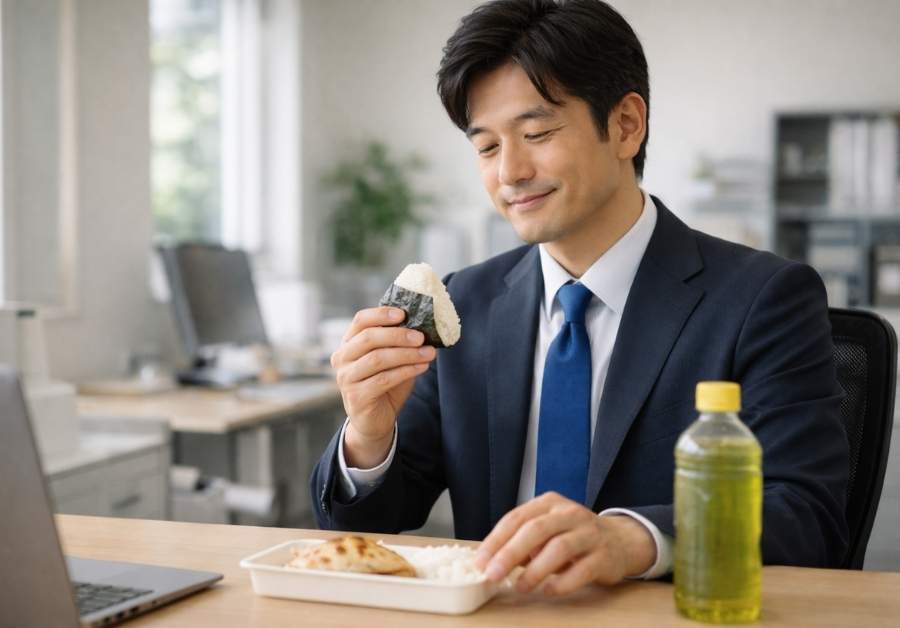 オフィスのデスクでおにぎりとサラダチキンのランチを食べる30代後半の日本人ビジネスマン