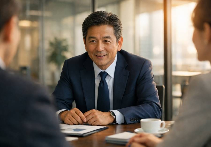 会議室で商談に集中する50代のビジネスマン。尿漏れの不安を解消し、100%の集中力で仕事に臨むイメージ。