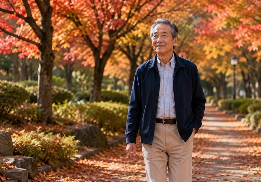 敬老の日ヘルスケアギフト｜秋の公園を穏やかな笑顔で散歩する身なりの整った70代の日本人男性