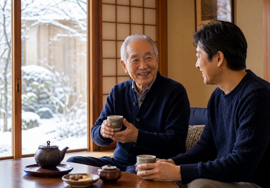 年末年始の帰省｜実家で父親と成人した子どもが和やかに談笑する温かい家族の様子