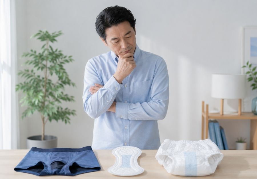 吸水パンツ・尿とりパッド・紙おむつの違いを比較する男性用尿漏れ対策グッズのイメージ