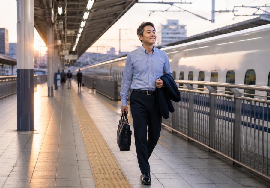 前開きと前閉じの選び分け｜夕方の新幹線ホームを身軽に歩く出張帰りの50代男性