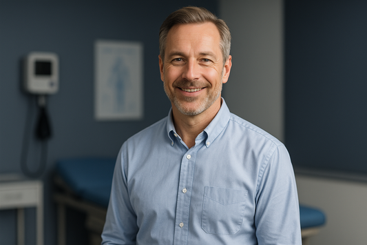A confident Western middle-aged man at a medical checkup setting against a navy-gray background, symbolizing trust, reassurance, and comfort with absorbent underwear during health examinations