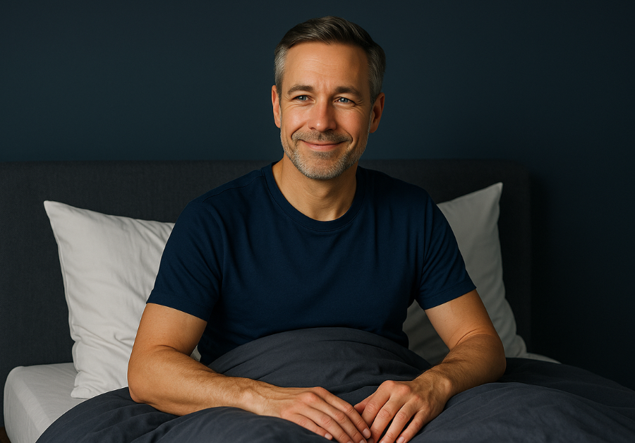 A confident middle-aged East Asian businessman wearing a navy suit standing proudly on a city street, symbolizing confidence, renewal, and success