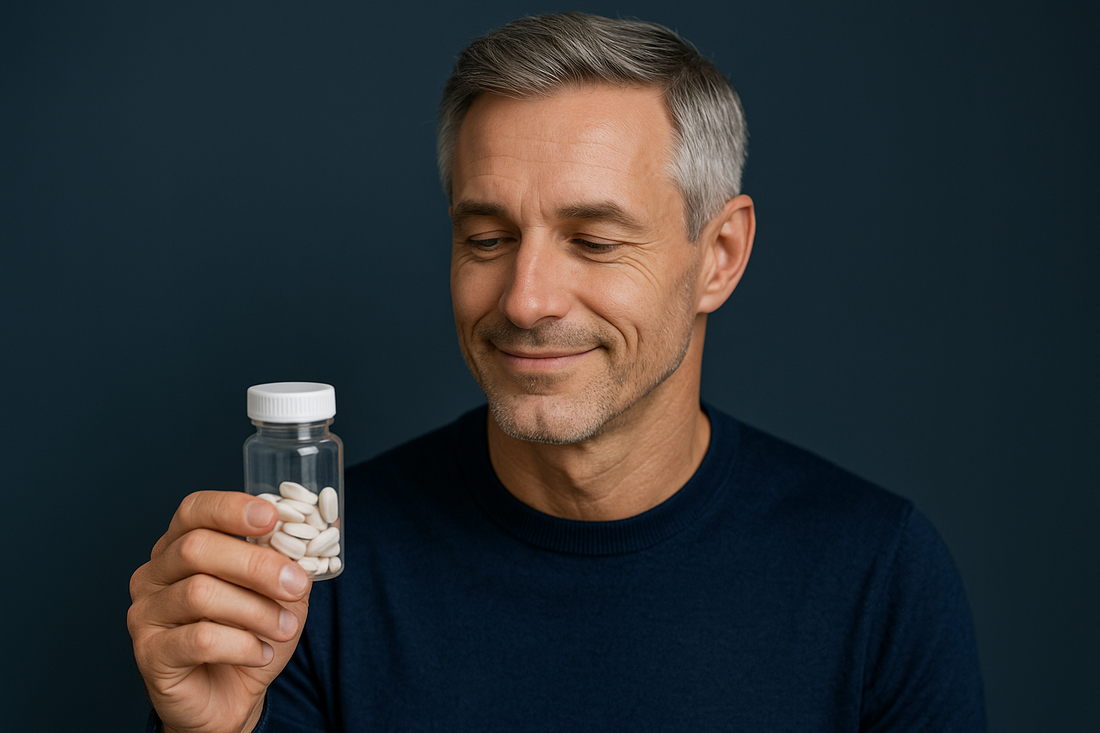 Middle-aged man holding medication with reassurance, symbolizing awareness of incontinence side effects and absorbent underwear solutions