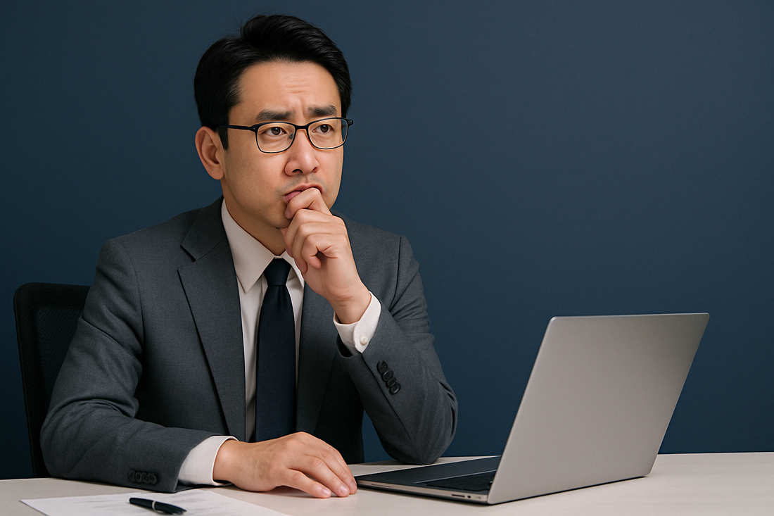 A clean and professional image of a thoughtful East Asian businessman in a gray suit sitting at a conference table with a laptop, against a navy background, conveying trust and reassurance.