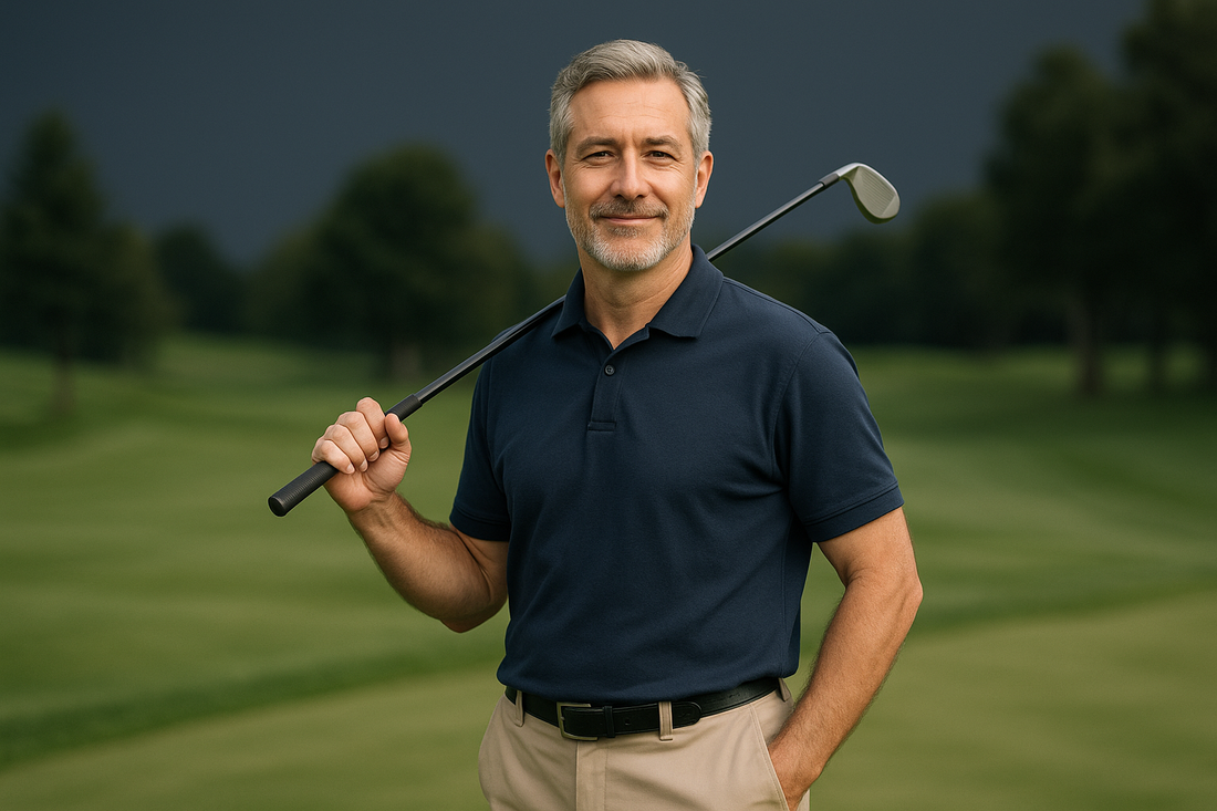 Western middle-aged man confidently enjoying golf, symbolizing reassurance and comfort with absorbent underwear for urinary leakage prevention during leisure activities