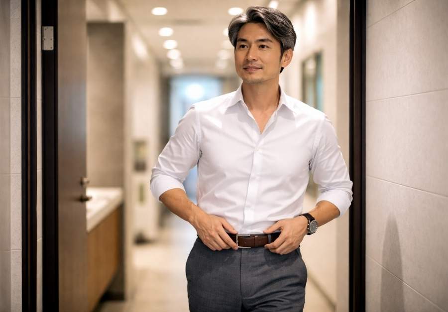 オフィスのトイレから自信を持って出てくる40代後半の日本人男性